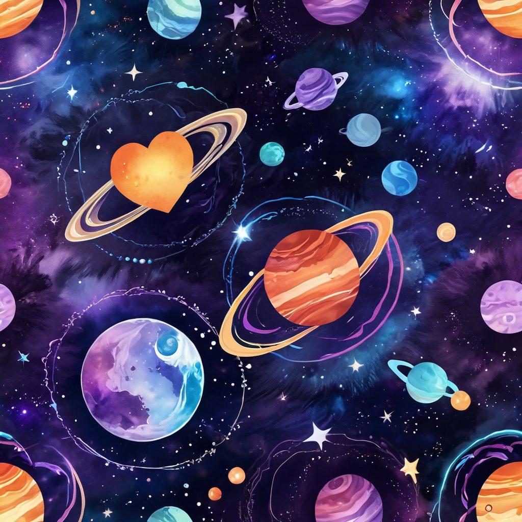 A celestial scene depicting planets intertwined with heart shapes, radiating vibrant energy that symbolizes love influences. Incorporate a cosmic background with constellations forming relationship symbols. Show warm colors blending with deep blues and purples, illustrating passion and harmony. Include ethereal light beams connecting the planets to represent connection and understanding. super-realistic. vibrant colors. cosmic theme.