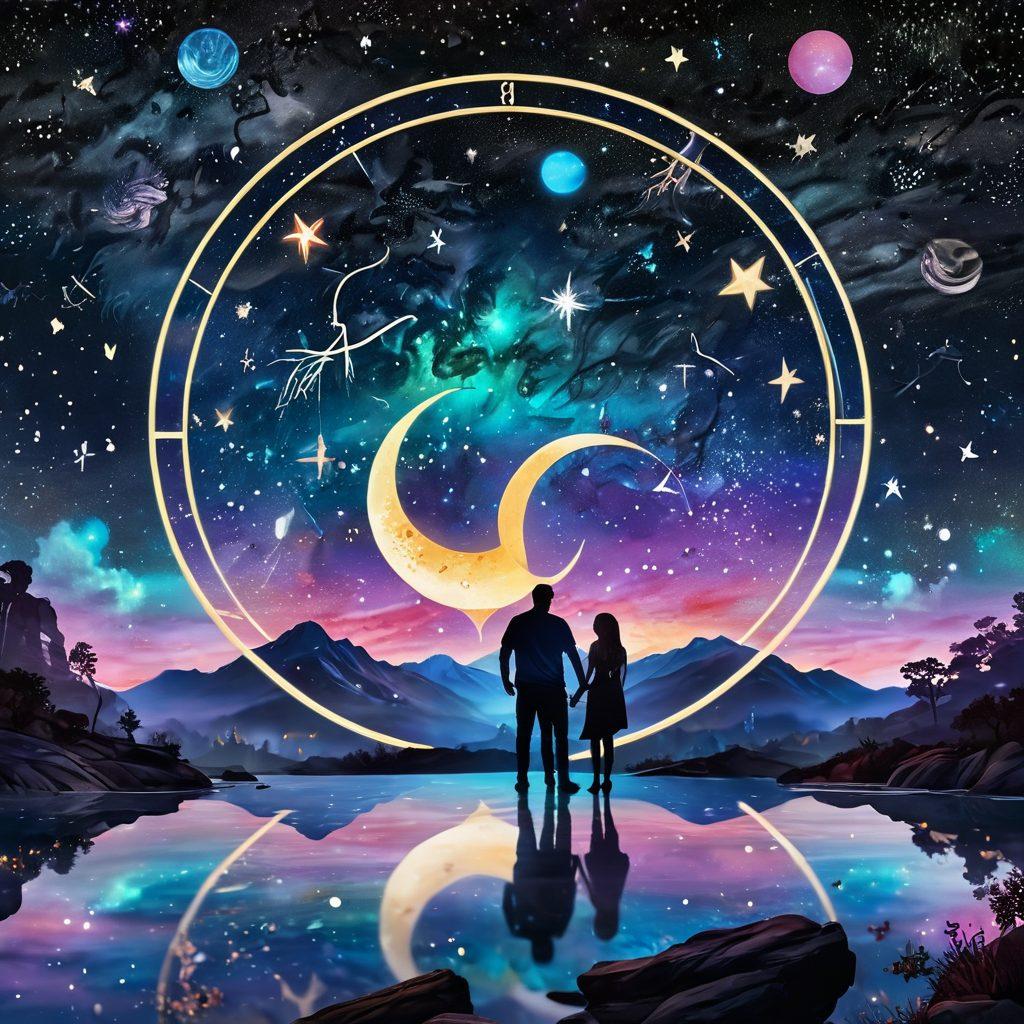 A celestial scene featuring two intertwined zodiac symbols, radiating a soft glow, surrounded by twinkling stars and vibrant constellations. Below, a whimsical landscape with a couple gazing at the sky, symbolizing love and compatibility guided by the stars. Incorporate elements like a cosmic heart and astrological charts floating in the air. super-realistic. vibrant colors. cosmic theme.