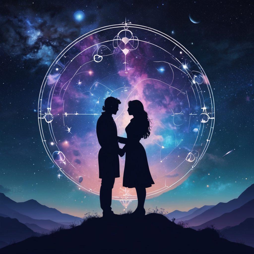 A celestial scene with a starry night sky, showcasing zodiac constellations intertwined with romantic symbols like hearts and intertwined silhouettes of a couple. Include a mystical lunar glow and vibrant astrological charts floating in the air, suggesting interconnected destinies. The atmosphere is enchanting and dreamy, capturing the essence of love and astrology. vibrant colors. cosmic theme. dreamy style.